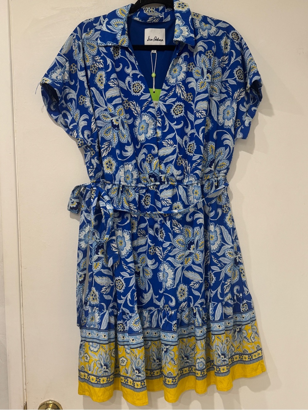 NWT Sam Edelman Floral Shirt Dress | Blue & Yellow Tie Waist Pocket Dress - Picture 3 of 7